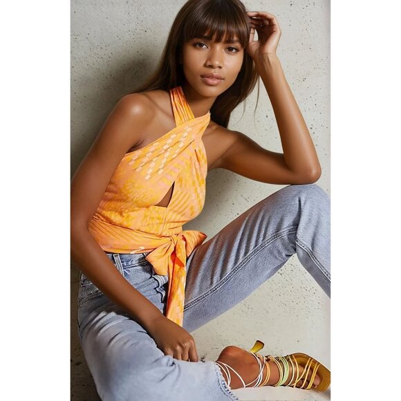 Anthropologie Eva Franco  Citrus Yellow Knit Summer Wrap Halter Top - Picture 1 of 6